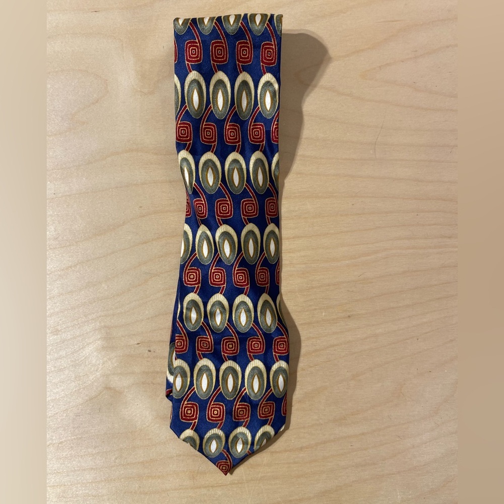 Daneil & Ellissa  Geometric Patterned Tie - Blue, Red, Gold (ET)